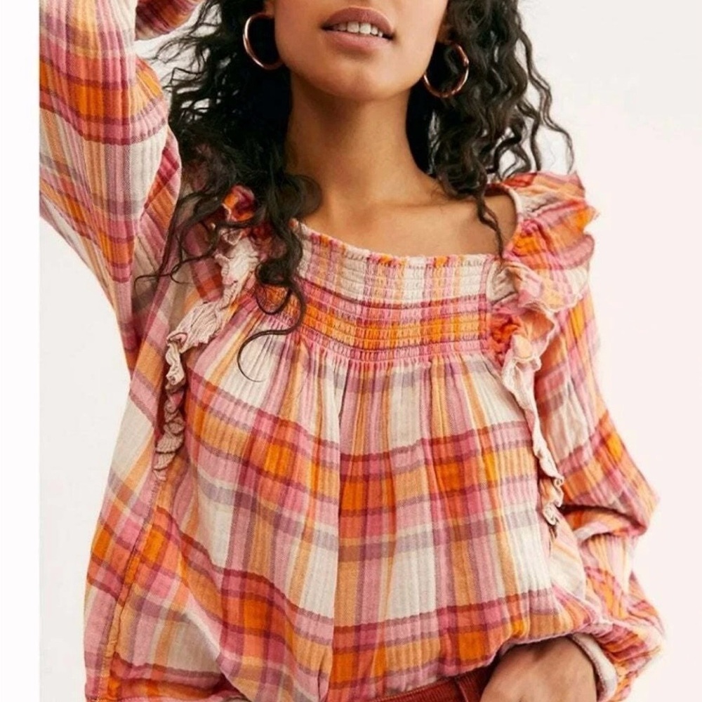 We the free Siena Plaid Ruffle Women's Top ** as a ink stain on the arm**